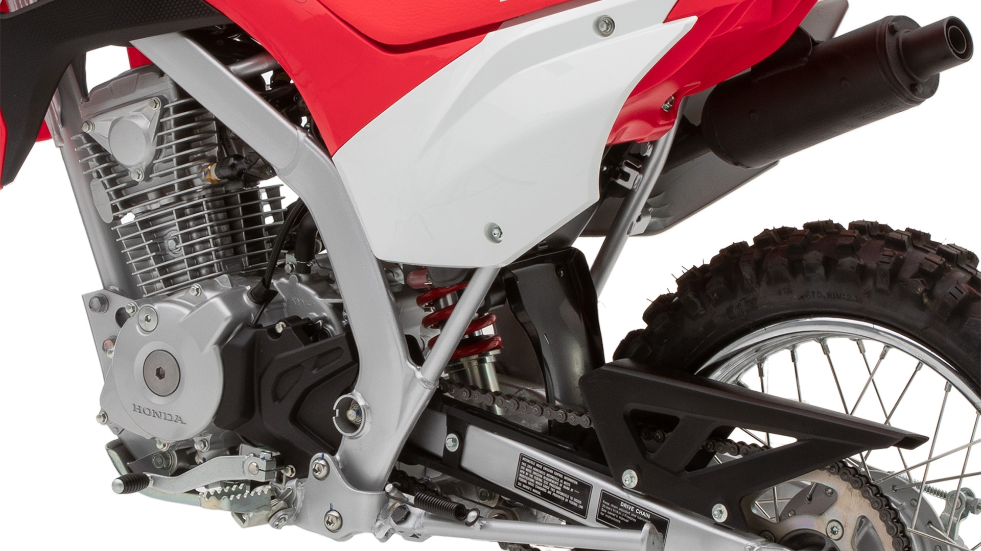 Close-up of CRF125FB rear fairing, frame and 4-stroke engine.