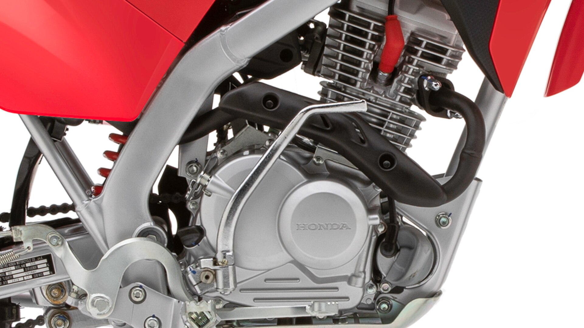Close-up of 4-stroke air-cooled single-cylinder 125 cc engine and frame.