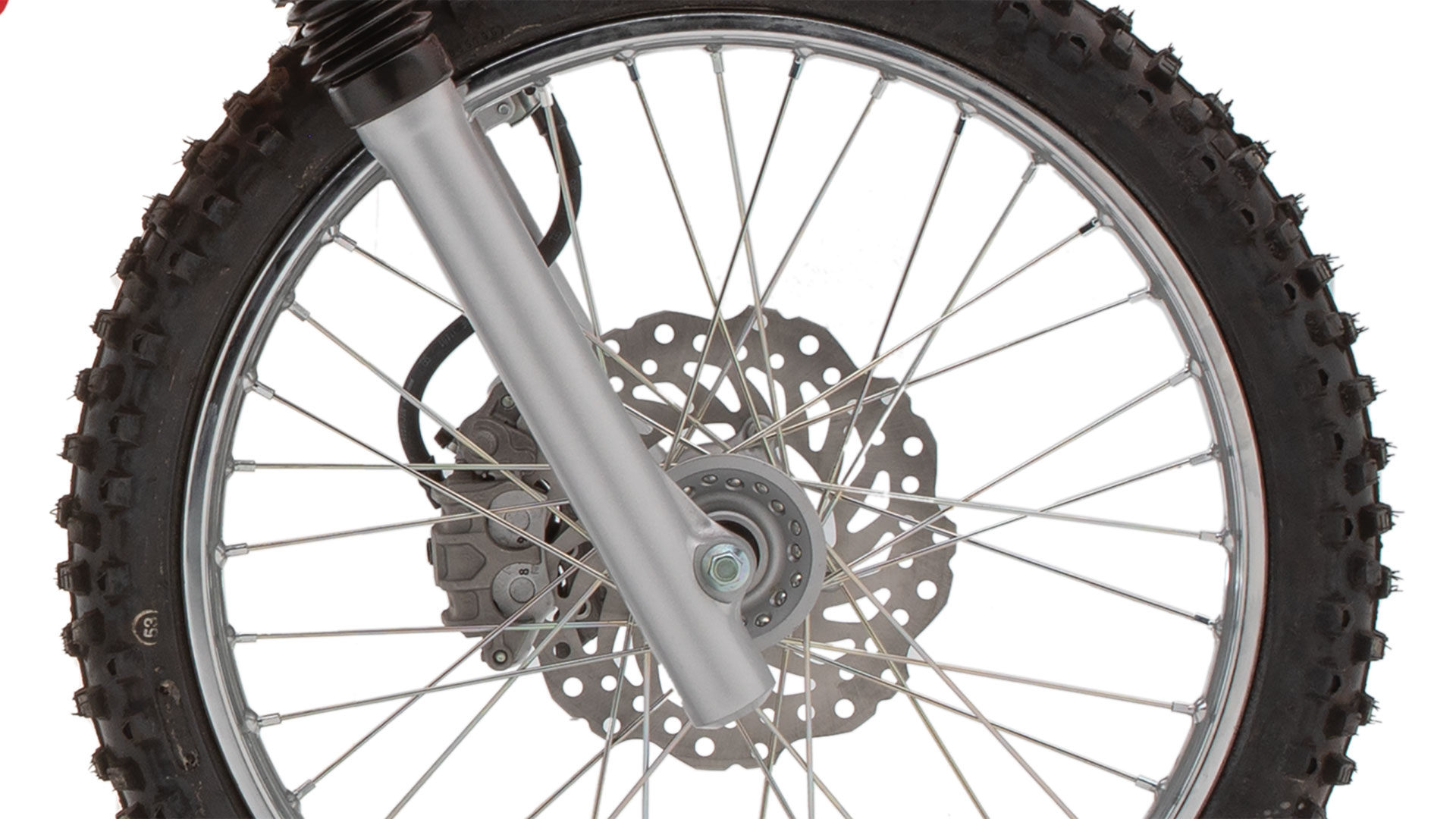 Close-up of CRF125FB wave-style front disc brake.