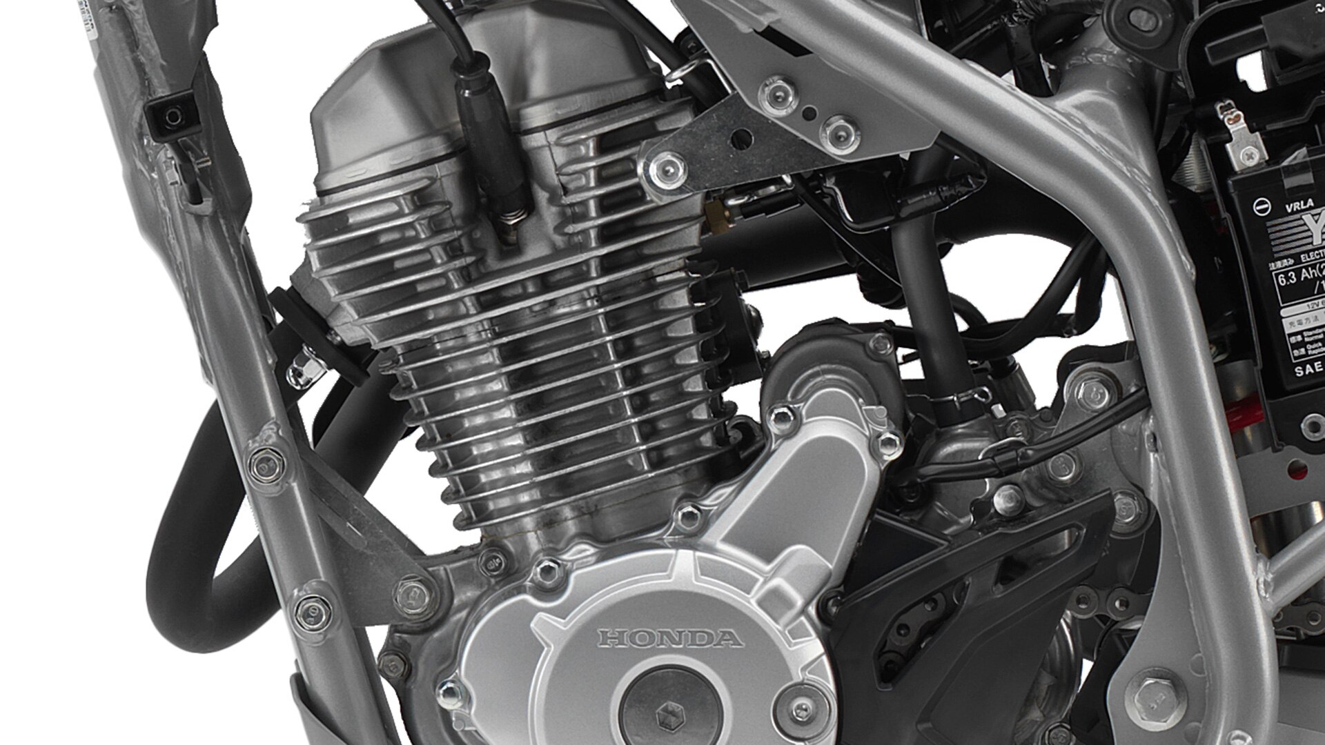 Close-up of 4-stroke air-cooled single-cylinder 250 cc engine.